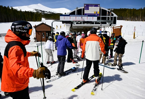 Skiers wait in line at the Independence SuperChair at Peak 7 at the Breckenridge Ski Resort in Breckenridge, Colorado, on Thursday, April 9, 2025. (Photo by Andy Cross/The Denver Post)