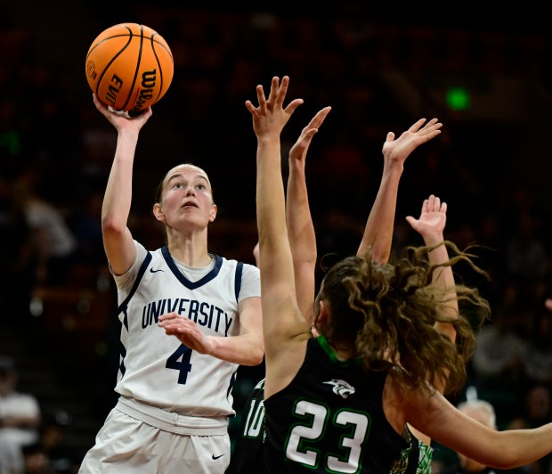 Janay Kravig (4) of the University Bulldogs shoots Mya Abeyta (10) of the Delta Panthers 10 and teammate Ava Martinez (23) in the first half of the state high school girls 4A championship game at the Denver Coliseum in Denver on Saturday, March 15, 2025. (Photo by Andy Cross/The Denver Post)