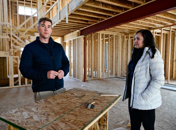 Tyler and Nicole Kirby inside their home under construction in the Berkeley neighborhood in Denver on Wednesday, April 2, 2025. (Photo by Andy Cross/The Denver Post)