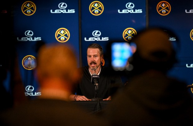 President Josh Kroenke of the Denver Nuggets speaks about the recent firings of former head coach Michael Malone and general manager Calvin Booth at Ball Arena on Monday, April, 14, 2025. (Photo by AAron Ontiveroz/The Denver Post)