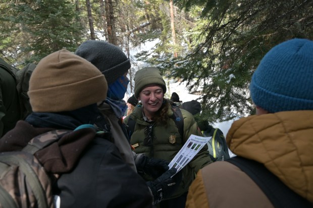 Park ranger Belen del Valle Coello, center, teaches students about pine trees on Bear Lake Trail in Rocky Mountain National Park, Colorado, on Wednesday, March 5, 2025. (Photo by Hyoung Chang/The Denver Post)