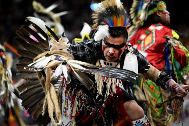 Daris Benally, Dakota, competes in the men's northern traditional dance competition during the 49th annual Denver March Powwow at the Denver Coliseum in Denver on March 23, 2025. (Photo by Helen H. Richardson/The Denver Post)