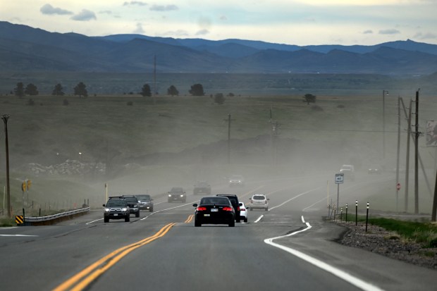 A gust of wind blows dust and dirt over Colorado 93 looking northwest of Arvada, Colorado on May 6, 2024. (Photo by Helen H. Richardson/The Denver Post)
