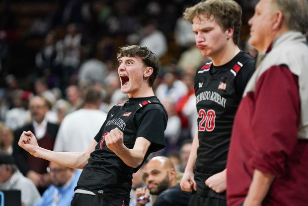 Colorado Academy's Quincy Coleman (1) reacts during the Colorado High School Boy's Basketball 4A State Championship game at Denver Coliseum, Saturday, March 15, 2025, in Denver. Kent Denver High School's Boy's Basketball team won 71-54. (Rebecca Slezak/Special to The Denver Post).