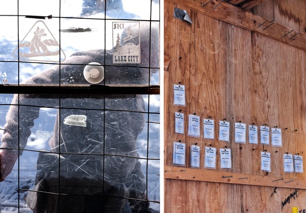 LEFT: A customer leaves the lodge at the Lake City Ski Hill on Feb. 24, 2025. RIGHT: Season and ski team passes hang on a wall of the lodge at the Lake City Ski Hill on Feb. 24, 2025. The local school pays for every student to have a free season pass to the Lake City Ski Hill. (Photos by Jacob Spetzler/Special to The Denver Post)