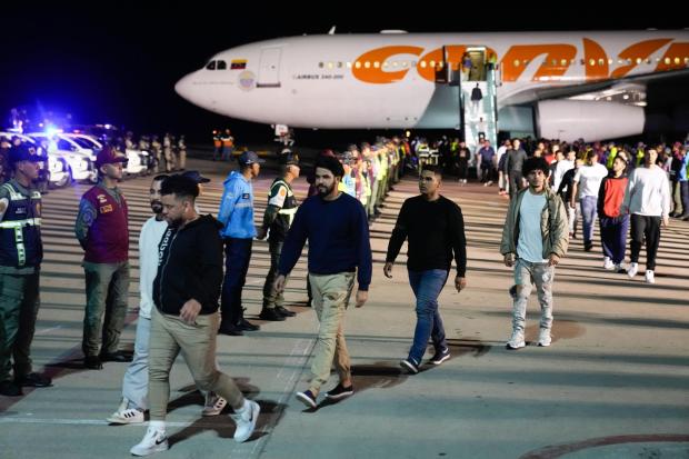 Venezuelan migrants deported from the United States arrive at Simon Bolivar International Airport in Maiquetia, Venezuela, on Monday, March 24, 2025. (AP Photo/Ariana Cubillos)