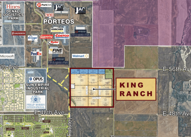 King Ranch will be situated south of Porteos, at the corner of 56th Avenue and Monaghan Road, as well as the intersection of 56th Avenue and Powhaton Road. (Image provided by Mulhern and Company)